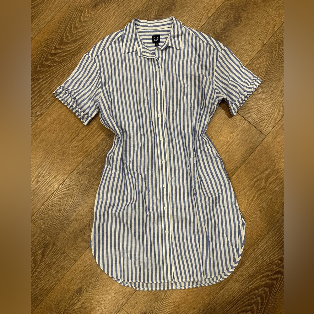 GAP Short Sleeve Linen Blend Striped Blue and White Mini Shirt Dress